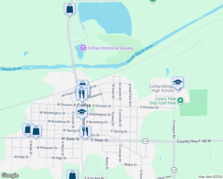 map of restaurants, bars, coffee shops, grocery stores, and more near 237 East Front Street in Colfax