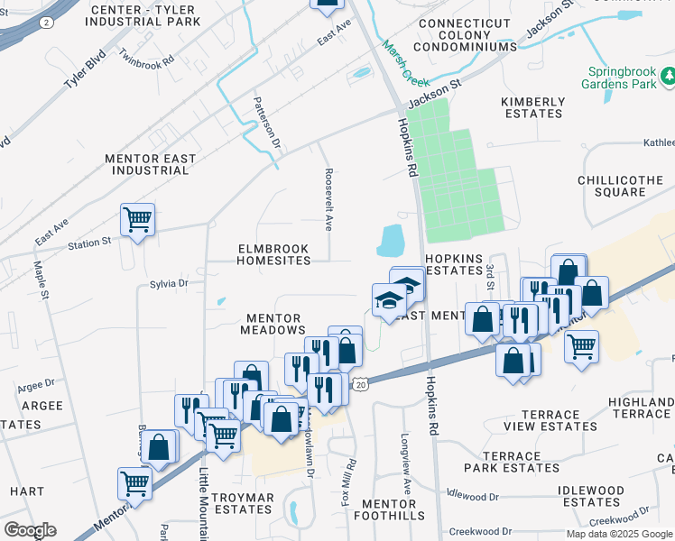 map of restaurants, bars, coffee shops, grocery stores, and more near 8896 Spring Valley Drive in Mentor