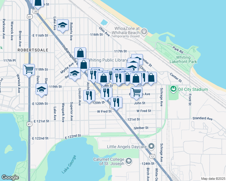map of restaurants, bars, coffee shops, grocery stores, and more near 1335 119th Street in Whiting