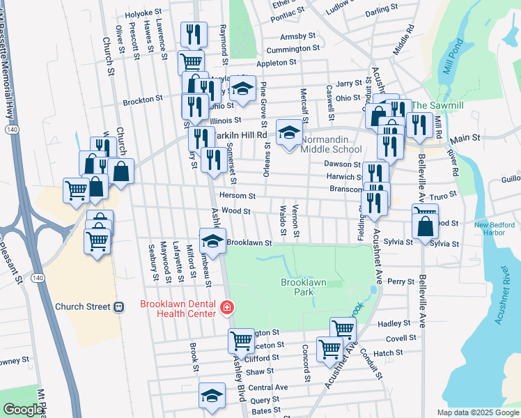 map of restaurants, bars, coffee shops, grocery stores, and more near 389 Wood Street in New Bedford