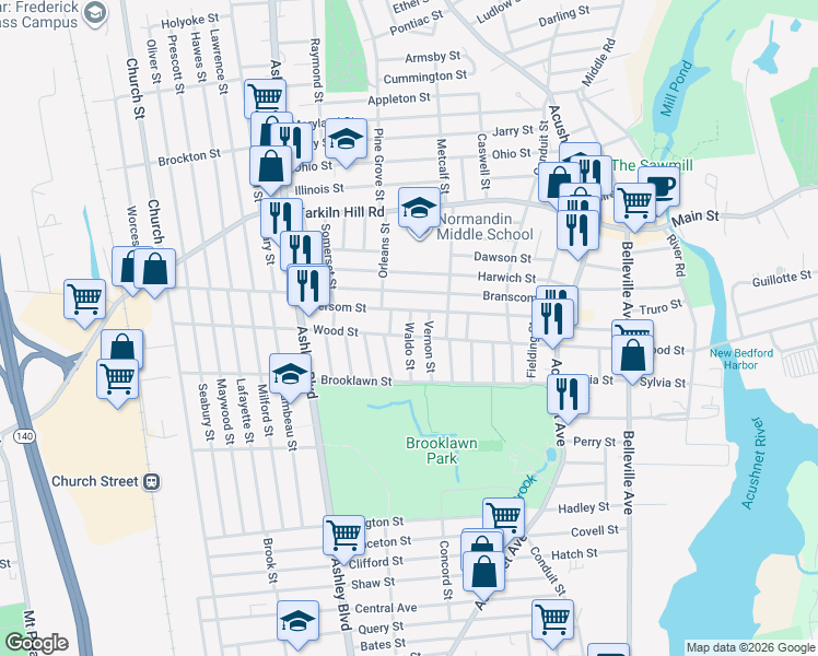 map of restaurants, bars, coffee shops, grocery stores, and more near 64 Waldo Street in New Bedford