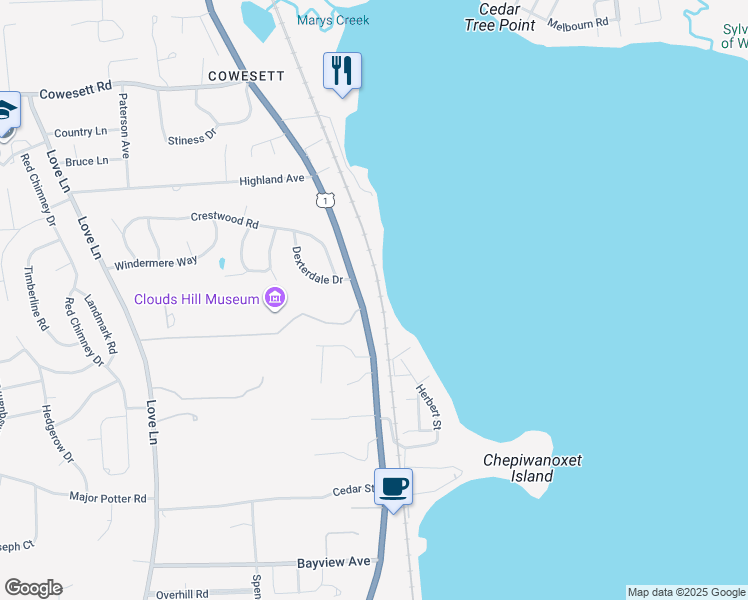 map of restaurants, bars, coffee shops, grocery stores, and more near 4156 Post Road in East Greenwich
