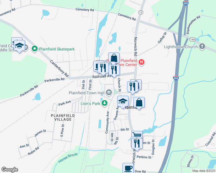 map of restaurants, bars, coffee shops, grocery stores, and more near 4 Mill Street in Plainfield