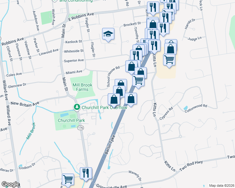 map of restaurants, bars, coffee shops, grocery stores, and more near 705 Churchill Drive in Newington