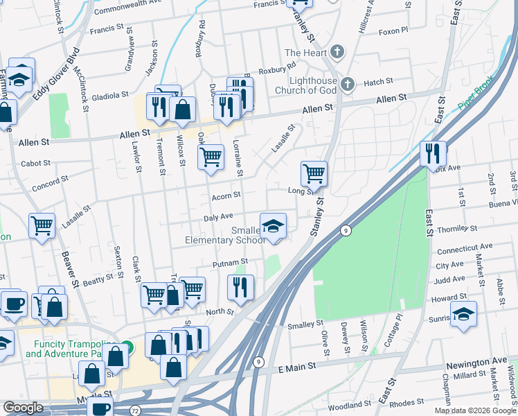 map of restaurants, bars, coffee shops, grocery stores, and more near 10 Ledgecrest Avenue in New Britain