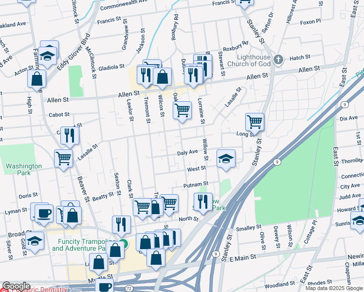 map of restaurants, bars, coffee shops, grocery stores, and more near 167 Oak Street in New Britain