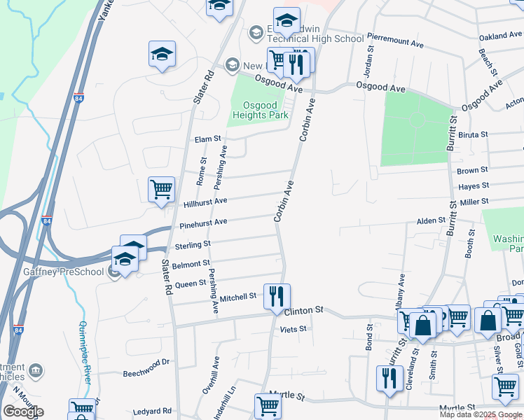 map of restaurants, bars, coffee shops, grocery stores, and more near 50 Hillhurst Avenue in New Britain
