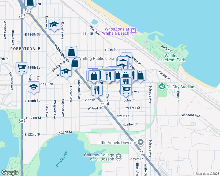 map of restaurants, bars, coffee shops, grocery stores, and more near 1406-1410 119th Street in Whiting
