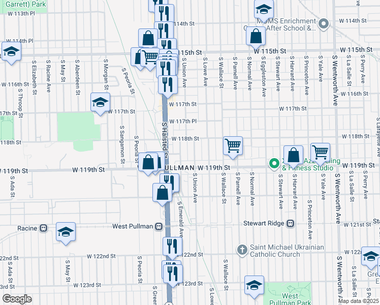 map of restaurants, bars, coffee shops, grocery stores, and more near 11823 South Emerald Avenue in Chicago