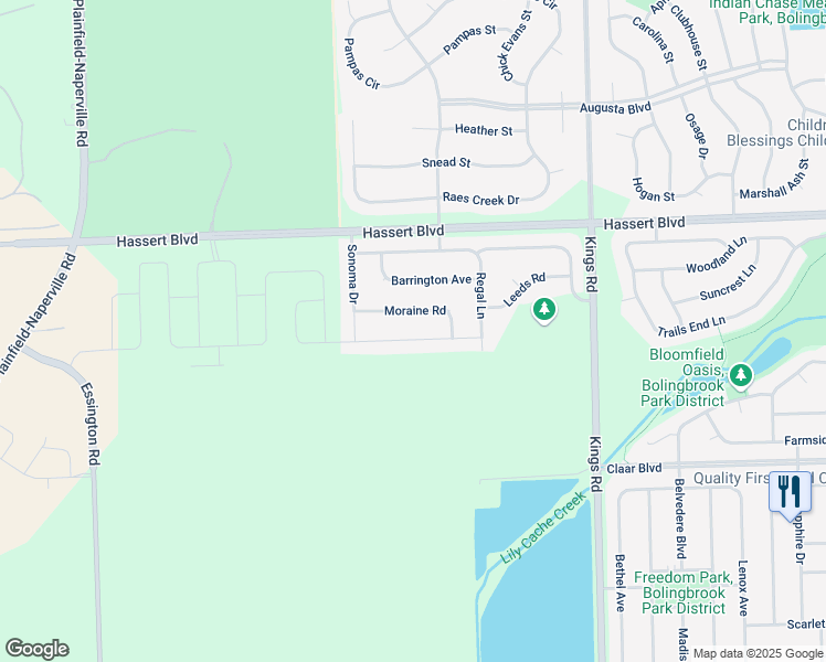 map of restaurants, bars, coffee shops, grocery stores, and more near 1923 Moraine Road in Bolingbrook