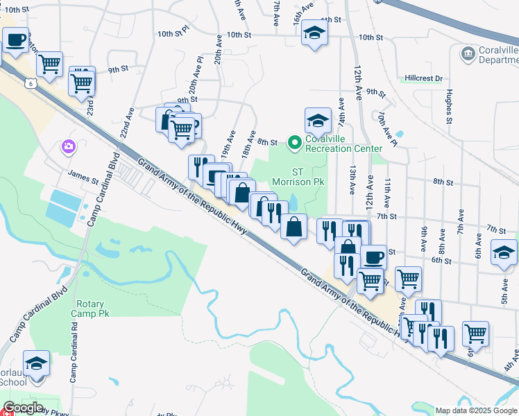 map of restaurants, bars, coffee shops, grocery stores, and more near 1755 5th Street in Coralville