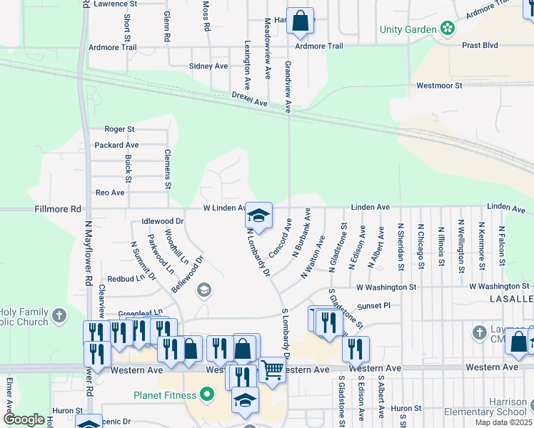 map of restaurants, bars, coffee shops, grocery stores, and more near 4614 West Linden Avenue in South Bend