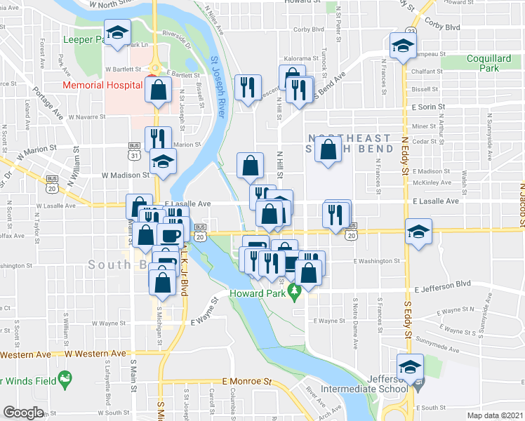 map of restaurants, bars, coffee shops, grocery stores, and more near 504 East Lasalle Avenue in South Bend