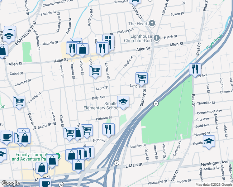 map of restaurants, bars, coffee shops, grocery stores, and more near 10 Ledgecrest Avenue in New Britain