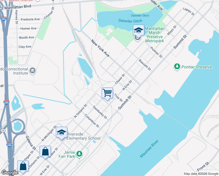 map of restaurants, bars, coffee shops, grocery stores, and more near 2805 Chase Street in Toledo
