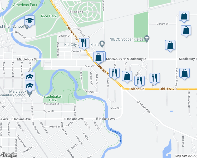 map of restaurants, bars, coffee shops, grocery stores, and more near 1016 Baker Drive in Elkhart