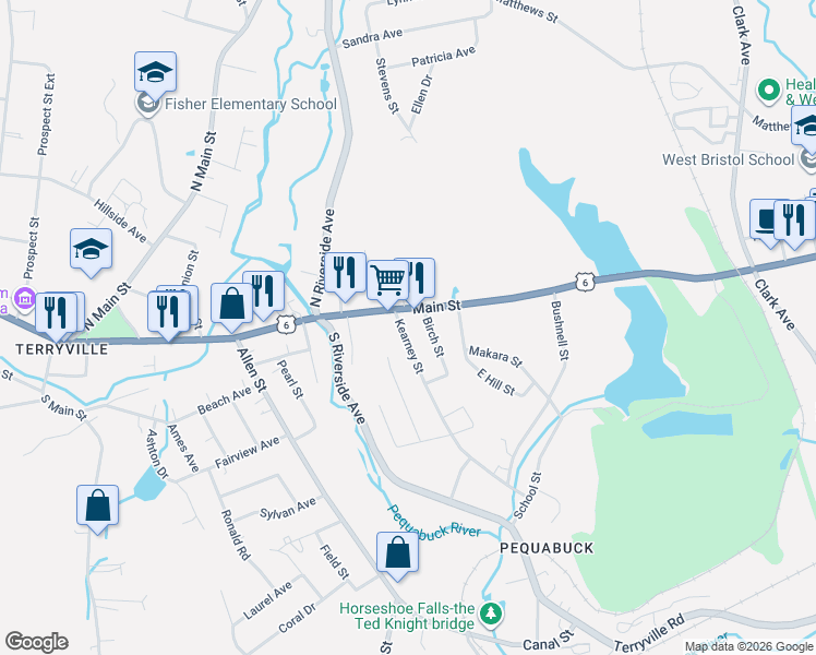 map of restaurants, bars, coffee shops, grocery stores, and more near 65 Main Street in Plymouth