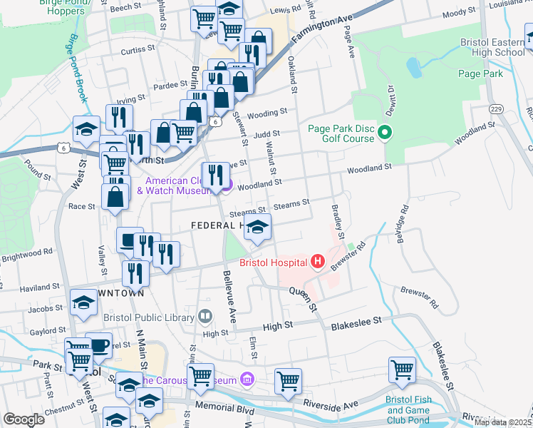map of restaurants, bars, coffee shops, grocery stores, and more near 55 Stearns Street in Bristol
