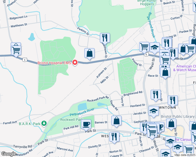 map of restaurants, bars, coffee shops, grocery stores, and more near 87 Putnam Street in Bristol