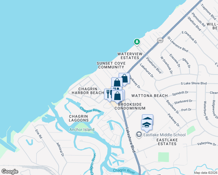 map of restaurants, bars, coffee shops, grocery stores, and more near 36119 Portage Drive in Eastlake