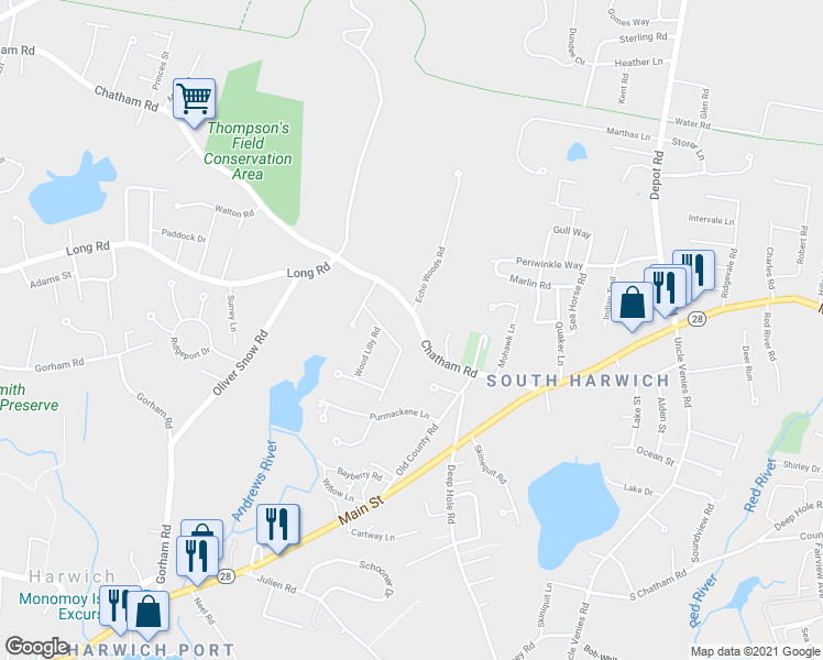 map of restaurants, bars, coffee shops, grocery stores, and more near 243 Chatham Road in Harwich
