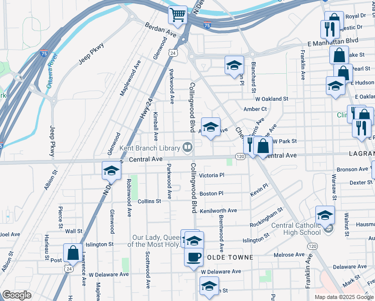 map of restaurants, bars, coffee shops, grocery stores, and more near 3101 Collingwood Boulevard in Toledo