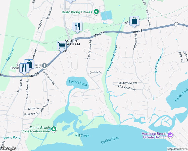 map of restaurants, bars, coffee shops, grocery stores, and more near 110 Cockle Drive in Chatham