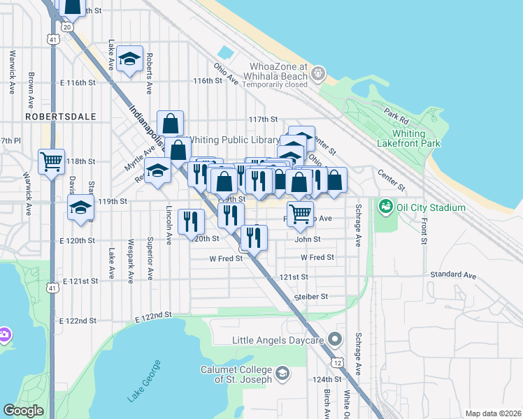 map of restaurants, bars, coffee shops, grocery stores, and more near 1913 Clark Street in Whiting