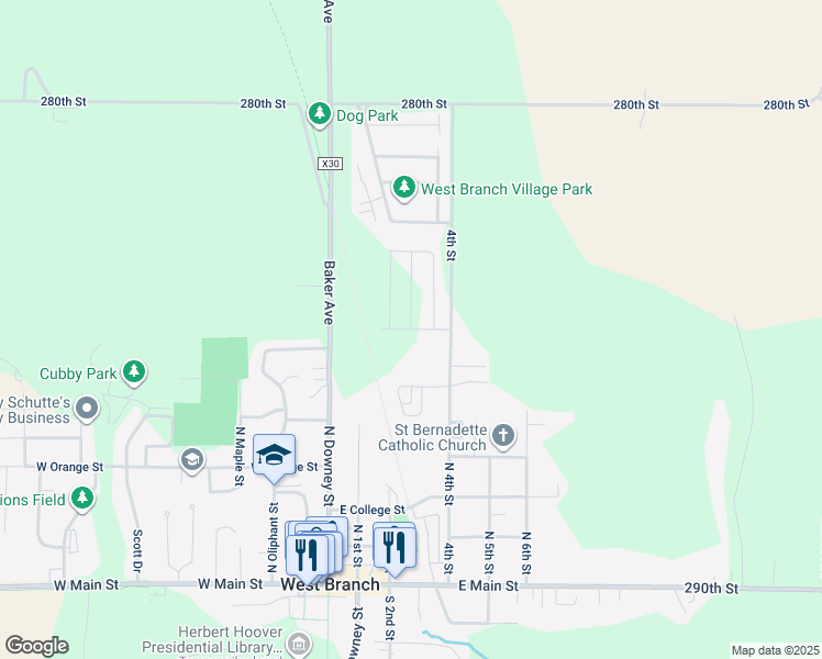 map of restaurants, bars, coffee shops, grocery stores, and more near Reagan Boulevard in West Branch