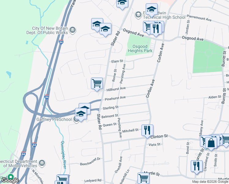 map of restaurants, bars, coffee shops, grocery stores, and more near 130 Hillhurst Avenue in New Britain
