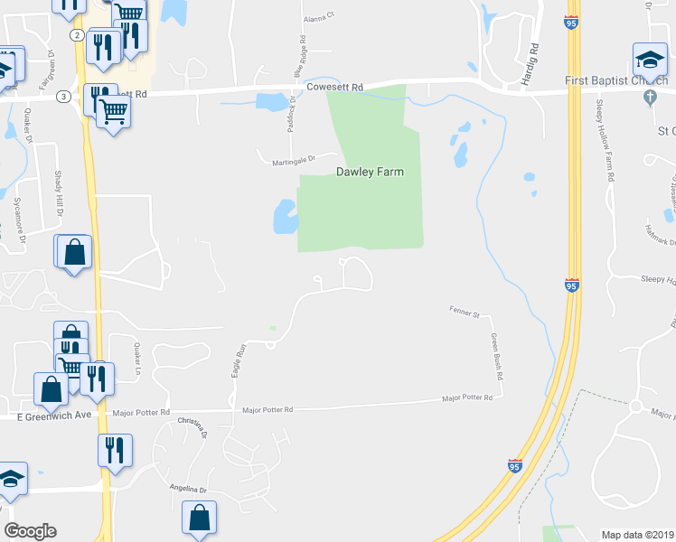 map of restaurants, bars, coffee shops, grocery stores, and more near 44 Eagle Run in East Greenwich