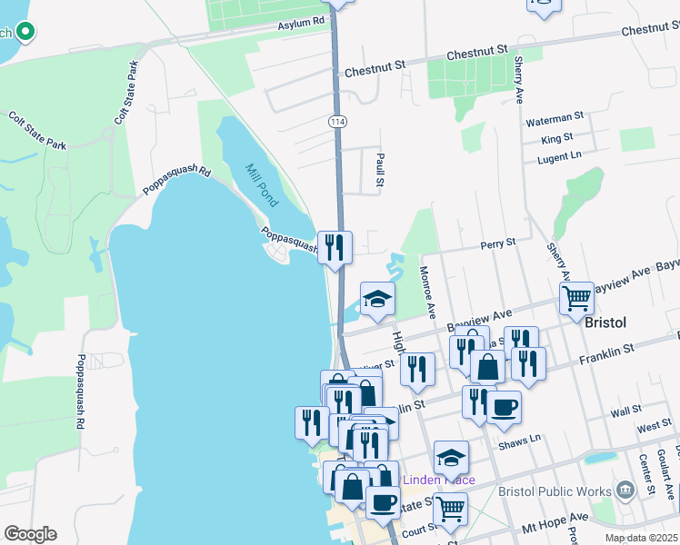 map of restaurants, bars, coffee shops, grocery stores, and more near 825 Rhode Island 114 in Bristol