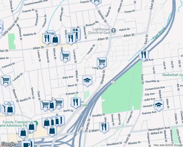 map of restaurants, bars, coffee shops, grocery stores, and more near 200 Daly Avenue in New Britain