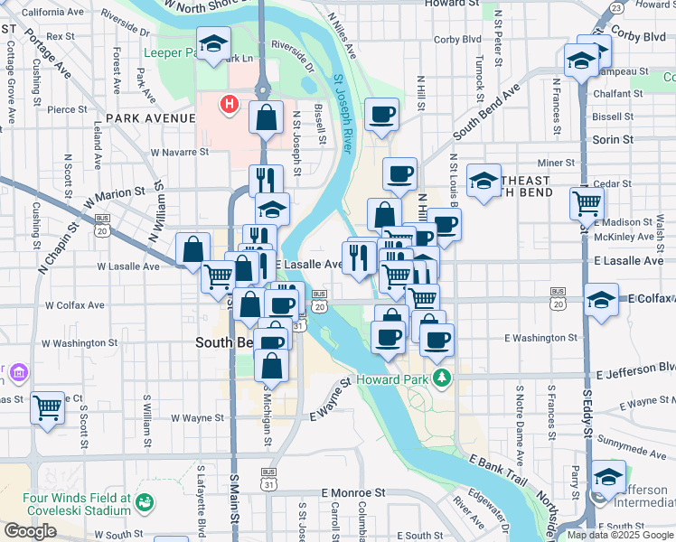 map of restaurants, bars, coffee shops, grocery stores, and more near 230 Sycamore Street in South Bend