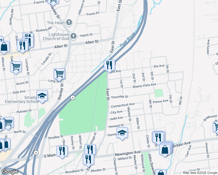 map of restaurants, bars, coffee shops, grocery stores, and more near 6 Greenfield Drive in New Britain