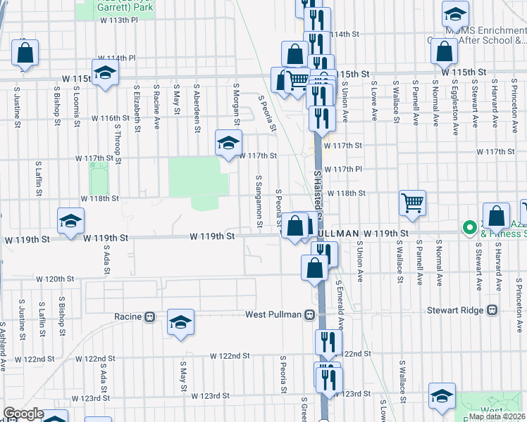 map of restaurants, bars, coffee shops, grocery stores, and more near 11821 South Sangamon Street in Chicago