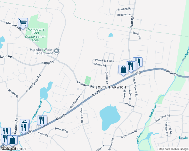 map of restaurants, bars, coffee shops, grocery stores, and more near 18 Mohawk Lane in Harwich