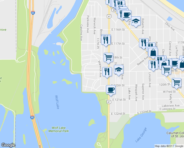 map of restaurants, bars, coffee shops, grocery stores, and more near 642 119th Street in Whiting
