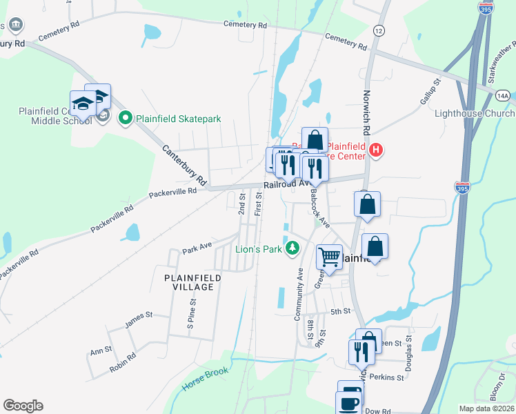 map of restaurants, bars, coffee shops, grocery stores, and more near 15 First Street in Plainfield