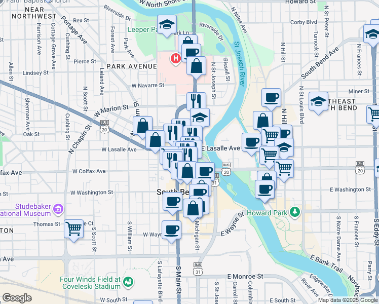 map of restaurants, bars, coffee shops, grocery stores, and more near 120 West La Salle Avenue in South Bend