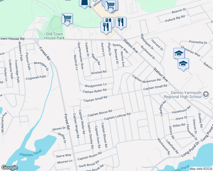 map of restaurants, bars, coffee shops, grocery stores, and more near 11 Windjammer Lane in Yarmouth