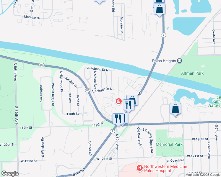 map of restaurants, bars, coffee shops, grocery stores, and more near 11661 South Matterhorn Circle in Palos Park