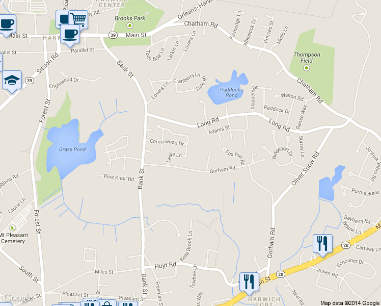 map of restaurants, bars, coffee shops, grocery stores, and more near 30 Leslie Lane in Harwich