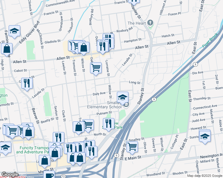 map of restaurants, bars, coffee shops, grocery stores, and more near 181 Willow Street in New Britain