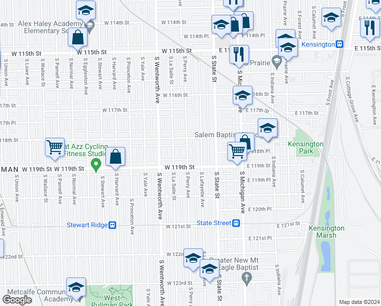 map of restaurants, bars, coffee shops, grocery stores, and more near 11833 South Perry Avenue in Chicago