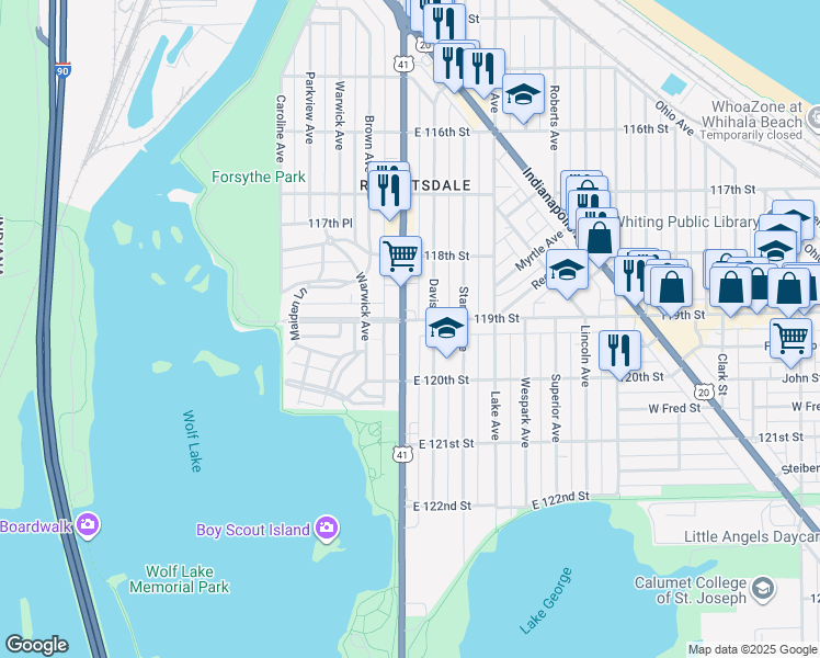 map of restaurants, bars, coffee shops, grocery stores, and more near 1901 Calumet Avenue in Whiting