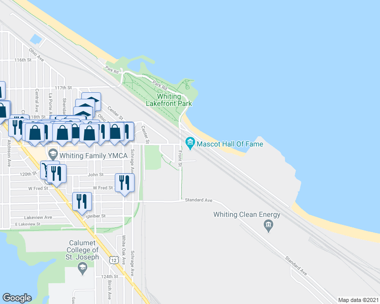 map of restaurants, bars, coffee shops, grocery stores, and more near 1851 Front Street in Whiting