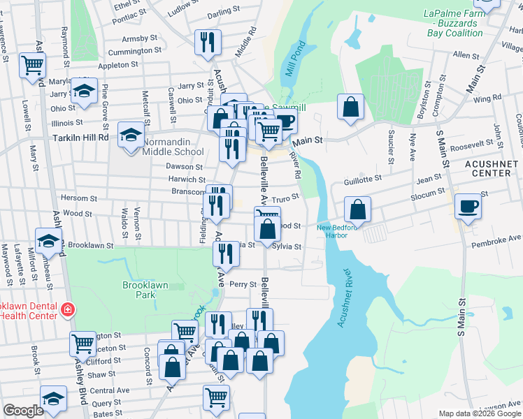 map of restaurants, bars, coffee shops, grocery stores, and more near 23-25 Brewster Street in New Bedford