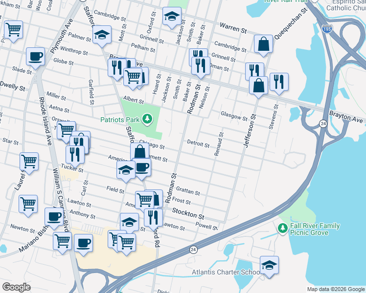 map of restaurants, bars, coffee shops, grocery stores, and more near 1720 Rodman Street in Fall River