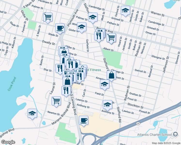 map of restaurants, bars, coffee shops, grocery stores, and more near 249 Embert Street in Fall River